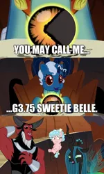 Size: 450x750 | Tagged: safe, derpibooru import, edit, edited screencap, screencap, cozy glow, grogar, lord tirek, queen chrysalis, sweetie belle (g3), centaur, changeling, changeling queen, pegasus, pony, taur, g3, bow, bracer, comic, crown, crystal ball, even evil has standards, evil lair, female, filly, foal, grogar's lair, grogar's orb, hair bow, image, jewelry, jpeg, lair, laughing, male, mare, nervous, nervous laugh, newborn cuties, nightmare fuel, nose piercing, nose ring, piercing, regalia, screencap comic, sweat, sweatdrop, tail, tail bow, trace