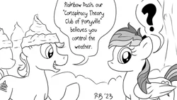 Size: 1200x675 | Tagged: safe, artist:pony-berserker, derpibooru import, rainbow dash, unnamed character, unnamed pony, oc, unnamed oc, pegasus, pony, conspiracy, conspiracy theory, dialogue, female, hat, image, male, mare, monochrome, png, pony-berserker's twitter sketches, pony-berserker's twitter sketches (2023), question mark, stallion, tinfoil hat