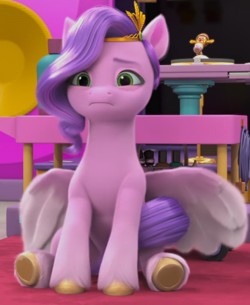 Size: 835x1019 | Tagged: safe, derpibooru import, screencap, pipp petals, pegasus, pony, g5, my little pony: make your mark, spoiler:g5, spoiler:my little pony: make your mark, spoiler:my little pony: make your mark chapter 4, spoiler:mymc04e06, :c, a little horse, female, frown, image, mare, my little pony: make your mark chapter 4, png, sad, sitting, solo, spread wings, underhoof, wings