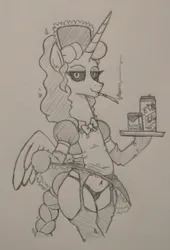 Size: 551x808 | Tagged: suggestive, artist:jargon scott, derpibooru import, oc, oc:dyx, alicorn, pony, bedroom eyes, beer can, belly button, bipedal, black sclera, cigarette, cigarette holder, clothes, female, garter belt, grayscale, image, looking at you, maid, mare, monochrome, older, older dyx, panties, pencil drawing, png, serving tray, skirt, skirt lift, smiling, smiling at you, smoking, socks, solo, solo female, stockings, thigh highs, traditional art, underwear, wide hips