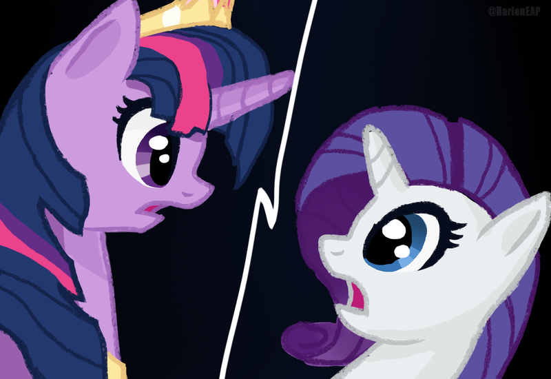 Size: 1600x1100 | Tagged: safe, artist:harleneap, derpibooru import, rarity, twilight sparkle, twilight sparkle (alicorn), alicorn, pegasus, pony, fanfic:the enchanted library, black background, crown, female, image, jewelry, lesbian, open mouth, png, rarilight, regalia, shipping, simple background