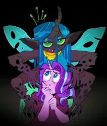 Size: 1280x1510 | Tagged: safe, artist:stevetwisp, derpibooru import, queen chrysalis, starlight glimmer, human, duo, eared humanization, fangs, forked tongue, four arms, gradient background, horn, horned humanization, humanized, image, jpeg, sweat, winged humanization, wings