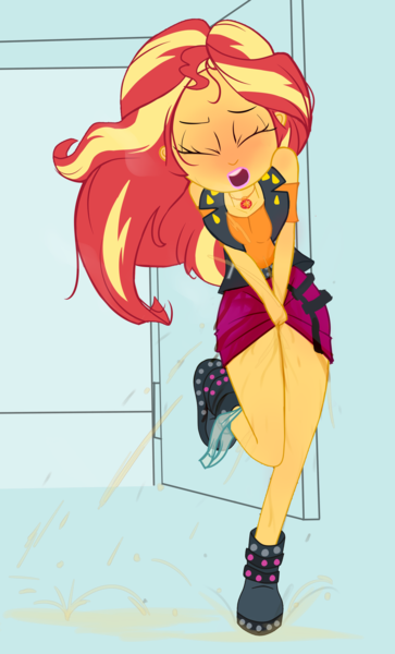 Size: 2750x4551 | Tagged: questionable, artist:lawrence alpaca, derpibooru import, edit, sunset shimmer, equestria girls, clothes, desperation, image, need to pee, omorashi, panties, panties around legs, png, potty emergency, potty time, solo, underwear, urine