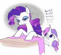 Size: 2199x1988 | Tagged: safe, artist:syrupyyy, derpibooru import, rarity, sweetie belle, pony, unicorn, annoying, bags under eyes, duo, fabric, female, floppy ears, image, jpeg, mare, poking, rarity is not amused, siblings, simple background, sisters, static, unamused, white background