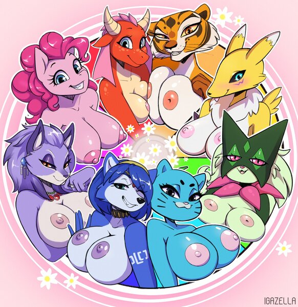 Size: 1920x1980 | Tagged: questionable, artist:igazella, derpibooru import, pinkie pie, oc, anthro, big cat, dragon, tiger, areola, bedroom eyes, big breasts, breasts, bust, choker, collar, crossover, digimon, dragon oc, dragoness, female, grin, group, gumball watterson, image, jpeg, krystal, kung fu panda, meowscarada, nipples, non-pony oc, nudity, pokémon, smiling, star fox, the amazing world of gumball