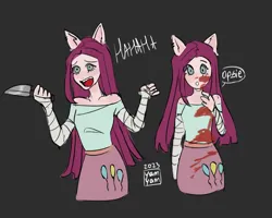 Size: 2467x1975 | Tagged: semi-grimdark, artist:yam-yamyammy, derpibooru import, pinkie pie, human, :d, blood, clothes, cutie mark, cutie mark on clothes, dark background, dress, duo, eared humanization, female, humanized, image, knife, laughing, open mouth, open smile, pinkamena diane pie, png, smiling