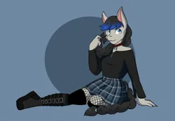 Size: 2048x1423 | Tagged: safe, artist:mscolorsplash, derpibooru import, oc, unofficial characters only, anthro, earth pony, plantigrade anthro, blue background, boots, braid, braided tail, choker, clothes, crossdressing, image, jpeg, male, plaid skirt, shoes, simple background, sitting, skirt, smiling, solo, tail