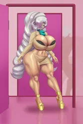 Size: 1667x2500 | Tagged: suggestive, artist:annon, derpibooru import, mayor mare, human, big breasts, bimbo, bimbo 1.0, bra, breasts, busty mayor mare, cleavage, clothes, glasses, high heels, humanized, image, jpeg, lipstick, makeup, shoes, skirt, thighs, thunder thighs, underwear