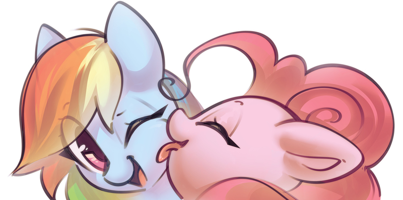 Size: 5066x2519 | Tagged: safe, artist:mirroredsea, derpibooru import, pinkie pie, rainbow dash, earth pony, pegasus, pony, bust, cute, dashabetes, diapinkes, duo, eye clipping through hair, eyes closed, face licking, female, high res, image, jpeg, lesbian, licking, mare, one eye closed, open mouth, portrait, simple background, smiling, tongue out, white background