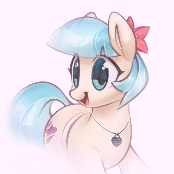 Size: 3658x3658 | Tagged: safe, artist:mirroredsea, derpibooru import, coco pommel, earth pony, pony, cocobetes, colored pupils, cute, female, heart necklace, high res, image, jewelry, jpeg, locket, mare, necklace, open mouth, simple background, smiling, solo, white background