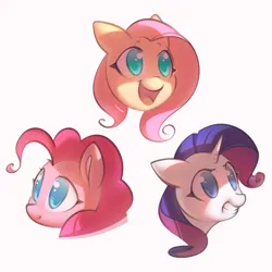 Size: 3700x3700 | Tagged: safe, artist:mirroredsea, derpibooru import, fluttershy, pinkie pie, rarity, pony, bust, female, head only, high res, image, jpeg, mare, no pupils, open mouth, portrait, shadow, simple background, trio, white background