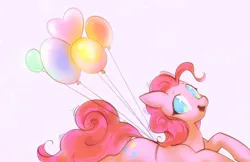 Size: 4989x3238 | Tagged: safe, artist:mirroredsea, derpibooru import, pinkie pie, earth pony, pony, balloon, colored pupils, cute, diapinkes, female, floating, happy, high res, image, jpeg, looking at you, mare, open mouth, party balloon, simple background, smiling, solo, then watch her balloons lift her up to the sky
