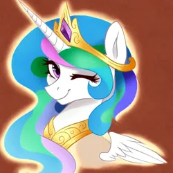 Size: 768x768 | Tagged: safe, derpibooru import, machine learning generated, stable diffusion, princess celestia, alicorn, pony, ai content, bust, crown, cute, generator:purplesmart.ai, image, jewelry, looking at you, one eye closed, pendant, png, portrait, prompter:mr-bat, regalia, smiling, smiling at you, wink, winking at you