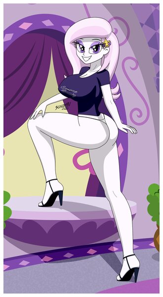 Size: 2255x4096 | Tagged: suggestive, alternate version, artist:sonork91, fleur-de-lis, human, equestria girls, ass, big breasts, breasts, butt, clothes, feet, female, fleur-de-rriere, fleur-de-seins, grin, high heels, high res, image, jpeg, legs, lidded eyes, looking at you, miss fleur is trying to seduce us, panties, sandals, shirt, shoes, shorts, smiling, smiling at you, solo, t-shirt, thighs, thong, underwear