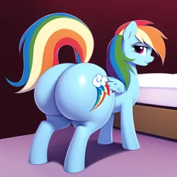 Size: 2560x2560 | Tagged: suggestive, derpibooru import, machine learning generated, novelai, stable diffusion, rainbow dash, pegasus, pony, ai content, bimbo, bimboification, butt, buttcheeks, image, large butt, lipstick, looking back, png, rainbutt dash, room, sultry pose, the ass was too fat, whore, wide hips