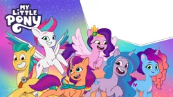 Size: 2400x1350 | Tagged: safe, derpibooru import, official, hitch trailblazer, izzy moonbow, pipp petals, sunny starscout, zipp storm, earth pony, pegasus, pony, unicorn, g5, my little pony: tell your tale, 2024 franchise overview, abstract background, female, image, male, mane five (g5), mane stripe sunny, mare, misty brightdawn, my little pony logo, png, stallion