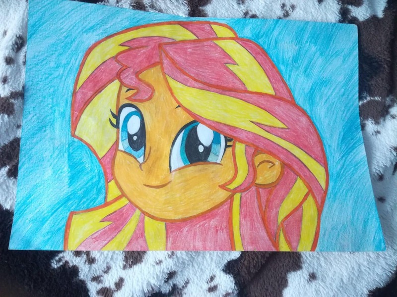 Size: 1560x1170 | Tagged: safe, artist:lerkyboy, derpibooru import, sunset shimmer, human, equestria girls, colored pencil drawing, cute, equestria girls 10th anniversary, female, image, jpeg, looking at you, shimmerbetes, simple background, smiling, smiling at you, solo, solo female, traditional art