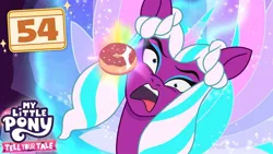 Size: 1280x720 | Tagged: safe, derpibooru import, screencap, alicorn, pony, g5, my little pony: tell your tale, spoiler:tyts01e54, donut, food, i've seen fire and i've seen rain (bows), image, jpeg, my little pony logo, opaline arcana, solo, thumbnail, youtube thumbnail