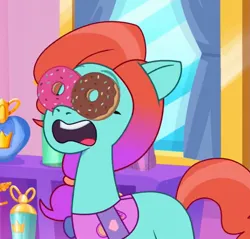 Size: 1197x1144 | Tagged: safe, derpibooru import, screencap, earth pony, pony, g5, my little pony: tell your tale, spoiler:g5, spoiler:my little pony: tell your tale, spoiler:tyts01e54, cropped, deserved, donut, eyes closed, female, food, food on face, i've seen fire and i've seen rain (bows), image, jazz hooves, jpeg, mare, open mouth, sash, silly, silly pony, slapstick, solo, yummy