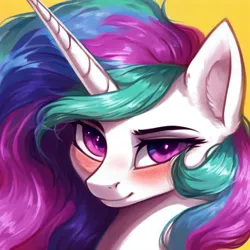 Size: 768x768 | Tagged: safe, derpibooru import, machine learning generated, stable diffusion, princess celestia, alicorn, pony, ai content, blushing, bust, cute, eyebrows, generator:purplesmart.ai, image, looking at you, png, pony ears, portrait, prompter:mr-bat, smiling, smiling at you, smirk