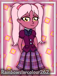 Size: 768x1024 | Tagged: safe, artist:rainbowstarcolour262, derpibooru import, part of a set, oc, oc:taffycoat, unofficial characters only, human, series:equ wallpapers, equestria girls, abstract background, bowtie, clothes, crystal prep academy uniform, crystal prep shadowbolts, cutie mark background, derpibooru exclusive, eyeshadow, female, image, makeup, part of a series, pigtails, plaid skirt, pleated skirt, png, school uniform, shirt, signature, skirt, solo, twintails, yellow eyes