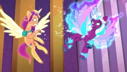 Size: 1280x720 | Tagged: safe, derpibooru import, screencap, sunny starscout, alicorn, pony, g5, my little pony: a new generation, my little pony: tell your tale, spoiler:g5, spoiler:my little pony: tell your tale, spoiler:tyts01e54, artificial horn, artificial wings, augmented, duo, duo female, female, fiery wings, fire, horn, i've seen fire and i've seen rain (bows), image, magic, magic horn, magic wings, mare, opaline arcana, png, race swap, sunnycorn, wings