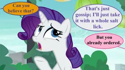 Size: 1280x720 | Tagged: safe, derpibooru import, edit, edited screencap, screencap, rarity, the gift of the maud pie, dialogue, image, implied oc, implied pinkie pie, lantern, literal minded, offscreen character, png, speech bubble