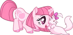 Size: 1470x701 | Tagged: safe, artist:tanahgrogot, artist:thinnck, derpibooru import, oc, alicorn, cat, earth pony, pony, bow, cute, duo, duo female, female, hair bow, happy, image, magic, mare, open mouth, pink body, png, simple background, transparent background