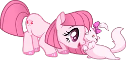 Size: 1470x701 | Tagged: safe, artist:tanahgrogot, artist:thinnck, derpibooru import, oc, cat, earth pony, pony, bow, cute, duo, duo female, female, hair bow, happy, image, mare, open mouth, pink body, png, simple background, transparent background
