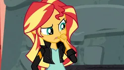 Size: 3072x1727 | Tagged: safe, derpibooru import, screencap, sunset shimmer, human, equestria girls, movie magic, spoiler:eqg specials, biting, clothes, female, finger bite, image, jacket, jpeg, leather, leather jacket, solo