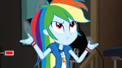 Size: 3072x1727 | Tagged: safe, derpibooru import, screencap, rainbow dash, human, equestria girls, movie magic, spoiler:eqg specials, clothes, cutie mark, cutie mark on clothes, female, frown, geode of super speed, image, jewelry, jpeg, magical geodes, necklace, solo