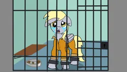 Size: 1920x1080 | Tagged: safe, artist:platinumdrop, derpibooru import, derpy hooves, pegasus, pony, bench, bound wings, chained, chains, clothes, commission, crying, cuffs, food, food bowl, gruel, i just don't know what went wrong, image, jail, jumpsuit, manehattan, png, prison, prison outfit, prisoner, sad, shackles, solo, wings