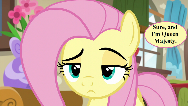 Size: 1280x720 | Tagged: safe, derpibooru import, edit, edited screencap, screencap, fluttershy, flutter brutter, curtains, flower, fluttershy is not amused, image, implied majesty, png, reaction image, skeptical, speech, speech bubble, talking, unamused