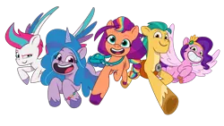 Size: 960x540 | Tagged: safe, derpibooru import, official, hitch trailblazer, izzy moonbow, pipp petals, sunny starscout, zipp storm, earth pony, pegasus, pony, unicorn, g5, my little pony: tell your tale, 2024 franchise overview, female, image, male, mane five (g5), mane stripe sunny, mare, png, simple background, stallion, transparent background
