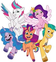 Size: 1407x1546 | Tagged: safe, derpibooru import, official, hitch trailblazer, izzy moonbow, pipp petals, sunny starscout, zipp storm, earth pony, pegasus, pony, unicorn, g5, my little pony: tell your tale, 2024 franchise overview, female, image, male, mane five (g5), mare, png, simple background, stallion, transparent background