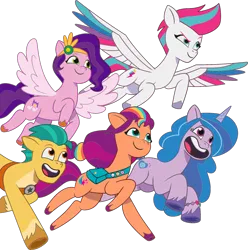 Size: 1432x1441 | Tagged: safe, derpibooru import, official, hitch trailblazer, izzy moonbow, pipp petals, sunny starscout, zipp storm, earth pony, pegasus, pony, unicorn, g5, my little pony: tell your tale, 2024 franchise overview, female, image, male, mane five (g5), mare, png, simple background, stallion, transparent background