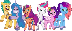 Size: 1602x697 | Tagged: safe, derpibooru import, official, hitch trailblazer, izzy moonbow, pipp petals, sunny starscout, zipp storm, earth pony, pegasus, pony, unicorn, g5, my little pony: tell your tale, 2024 franchise overview, alternate new mane six (g5), bag, bracelet, coat markings, diadem, female, fluttershy's cutie mark, freckles, friendship bracelet, grin, headband, hoof heart, image, jewelry, looking at you, male, mane five (g5), mane stripe sunny, mare, misty brightdawn, open mouth, open smile, pale belly, png, raised hoof, regalia, saddle bag, sash, simple background, smiling, smiling at you, socks (coat marking), stallion, standing, transparent background, twilight sparkle's cutie mark, underhoof, unshorn fetlocks