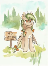 Size: 3464x4696 | Tagged: safe, artist:lightisanasshole, derpibooru import, oc, oc:sylvia evergreen, unofficial characters only, pegasus, pony, bow, braid, cute, forest, grass, hammer, image, jpeg, pegasus oc, ranger, sign, signature, solo, traditional art, tree, watercolor painting, wings