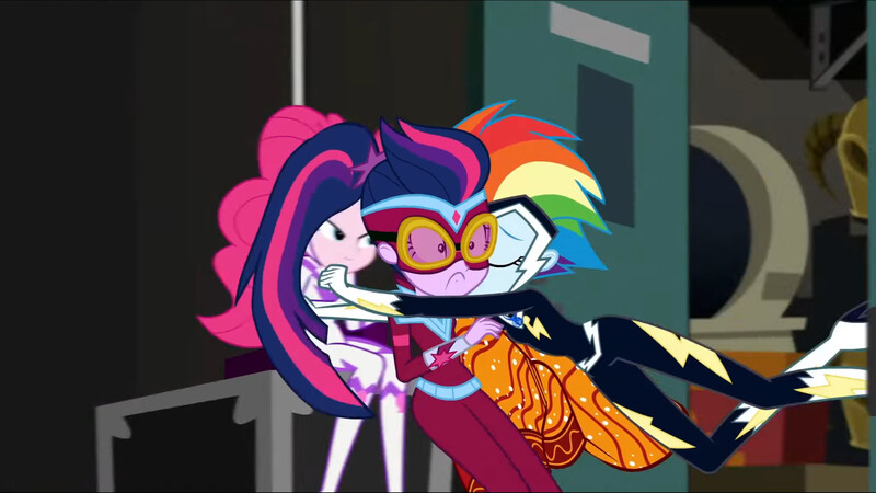 Size: 3072x1727 | Tagged: safe, derpibooru import, screencap, fili-second, masked matter-horn, pinkie pie, rainbow dash, sci-twi, twilight sparkle, zapp, human, equestria girls, movie magic, spoiler:eqg specials, eyes closed, female, frown, hug, image, implied kissing, jpeg, power ponies, smiling, trio, trio female