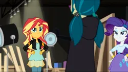 Size: 3072x1727 | Tagged: safe, derpibooru import, screencap, juniper montage, rarity, sunset shimmer, human, equestria girls, movie magic, spoiler:eqg specials, bracelet, clothes, cutie mark, cutie mark on clothes, female, hairpin, hand on hip, image, jacket, jewelry, jpeg, leather, leather jacket, trio, trio female