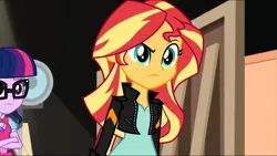Size: 3072x1727 | Tagged: safe, derpibooru import, screencap, sci-twi, sunset shimmer, twilight sparkle, human, equestria girls, movie magic, spoiler:eqg specials, clothes, crossed arms, duo, duo female, eyebrows, female, frown, geode of telekinesis, glasses, image, jacket, jewelry, jpeg, leather, leather jacket, magical geodes, necklace, ponytail, raised eyebrow