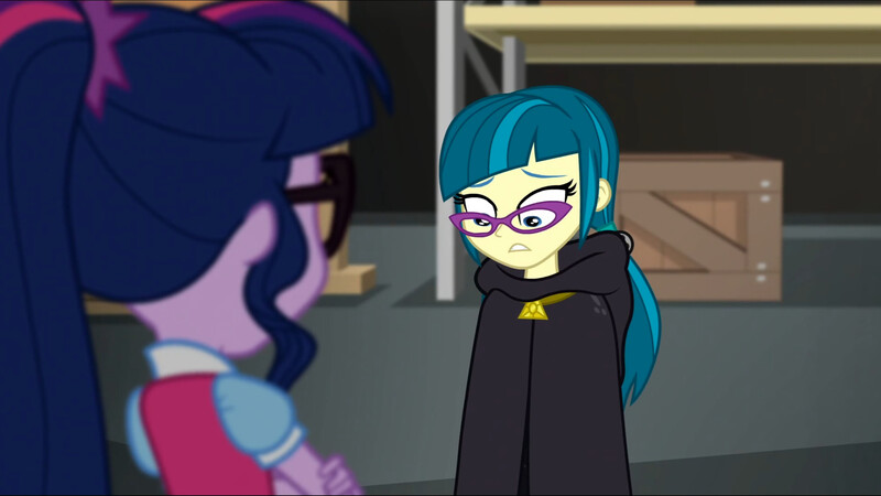 Size: 3072x1727 | Tagged: safe, derpibooru import, screencap, juniper montage, sci-twi, twilight sparkle, human, equestria girls, movie magic, spoiler:eqg specials, crossed arms, duo, duo female, female, frown, glasses, image, jpeg, ponytail