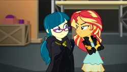 Size: 3072x1727 | Tagged: safe, derpibooru import, screencap, juniper montage, sunset shimmer, human, equestria girls, movie magic, spoiler:eqg specials, clothes, crossed arms, duo, duo female, female, frown, glasses, image, jacket, jpeg, leather, leather jacket, lip bite, smiling