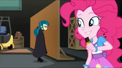 Size: 3072x1727 | Tagged: safe, derpibooru import, screencap, juniper montage, pinkie pie, human, equestria girls, movie magic, spoiler:eqg specials, chocolate, clothes, cutie mark, cutie mark on clothes, duo, duo female, female, food, frown, glasses, grin, image, jpeg, smiling
