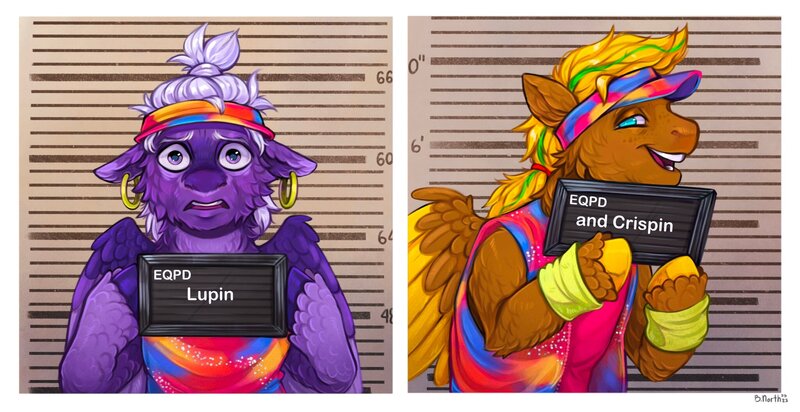 Size: 2048x1054 | Tagged: safe, artist:birdoffnorth, derpibooru import, oc, oc:crispin, oc:lupin, unofficial characters only, pegasus, pony, barbie mugshot meme, blue eyes, colored hooves, cyan eyes, duo, ear piercing, earring, freckles, frown, hooped earrings, image, jewelry, jpeg, looking at you, meme, mugshot, open mouth, piercing, ponytail, purple eyes, smiling, unshorn fetlocks, visor cap