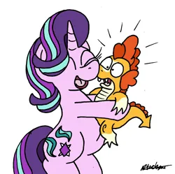 Size: 1374x1366 | Tagged: safe, artist:bobthedalek, derpibooru import, starlight glimmer, sunburst, dragon, pony, unicorn, atg 2023, dragonified, emanata, eyes closed, female, hug, image, implied transformation, male, mare, newbie artist training grounds, open mouth, open smile, png, simple background, smiling, species swap, white background