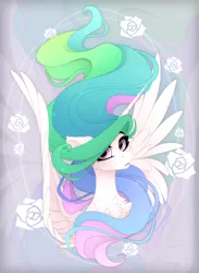 Size: 1100x1500 | Tagged: safe, artist:vird-gi, derpibooru import, alicorn, pony, bust, chest fluff, ear fluff, female, flower, hair over one eye, image, jpeg, looking at you, mare, open mouth, rose, solo, spread wings, wings