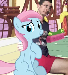 Size: 1758x1947 | Tagged: safe, derpibooru import, oc, oc:water lilly, earth pony, human, pony, bench, blue body, blue eyes, censored, couple, happy, help me, image, mortacci tua, photo, pink hair, pink mane, pink tail, png, ponyville, tail