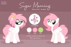 Size: 3000x2000 | Tagged: safe, artist:sugar morning, derpibooru import, oc, oc:sugar morning, unofficial characters only, pegasus, pony, female, glasses, hairclip, image, mare, png, reference sheet, show accurate, smiling, solo, standing, text