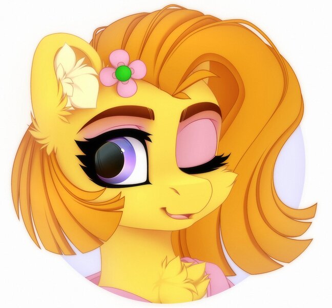 Size: 1405x1300 | Tagged: safe, artist:vird-gi, derpibooru import, oc, unofficial characters only, pony, bust, chest fluff, ear fluff, eyeshadow, flower, flower in hair, image, jpeg, looking at you, makeup, one eye closed, open mouth, open smile, simple background, smiling, solo, white background, wink, winking at you